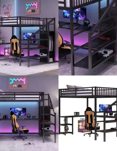 Size Gaming Loft Bed with LED Lighting, Sturdy Frame, Stairs, Wardrobe, and Storage