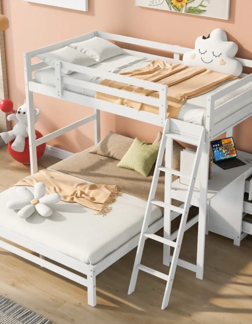 -For Twin Over Full Bunk Bed with Desk and Drawers for Kids Bedroom Triple Bunk Bed With Storage^