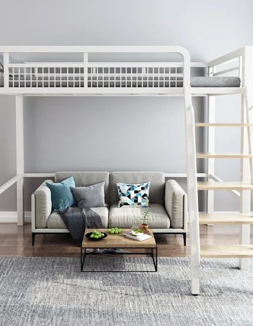 ！@Nordic Iron Loft Bed Customizable Single Double Layer Black White Metal for Bedroom Apartment Villa for Small Hotels Living