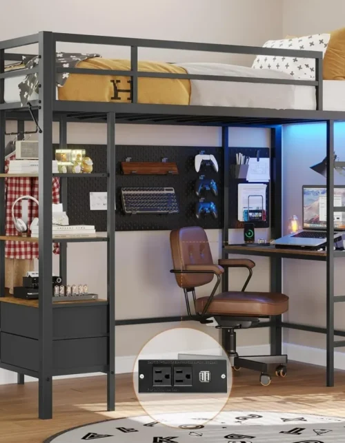 Nordic High Quality Loft Bed Twin Size with Desk and Charging Station with Led Lights, Metal Shelves and Storage Drawers