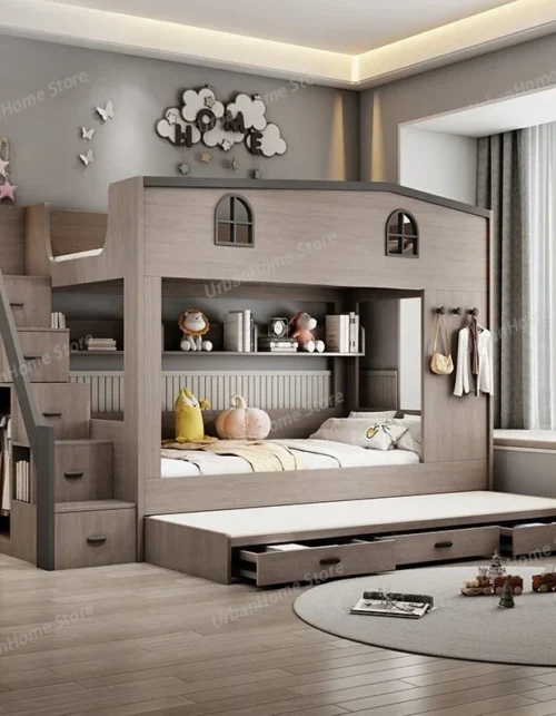 Bunk bed kids with Drawer storage loft double bed Climbing stairs full frames Queen Wooden literas de 2 camas bedroom furniture