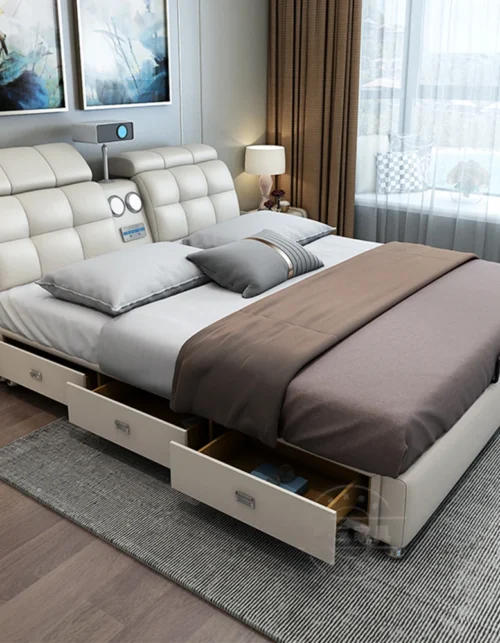 Linlamlim Ultimate Tech Smart Bed – Multifunctional Bedframe with Genuine Leather and Bluetooth Speaker, Drawers, Projector, USB