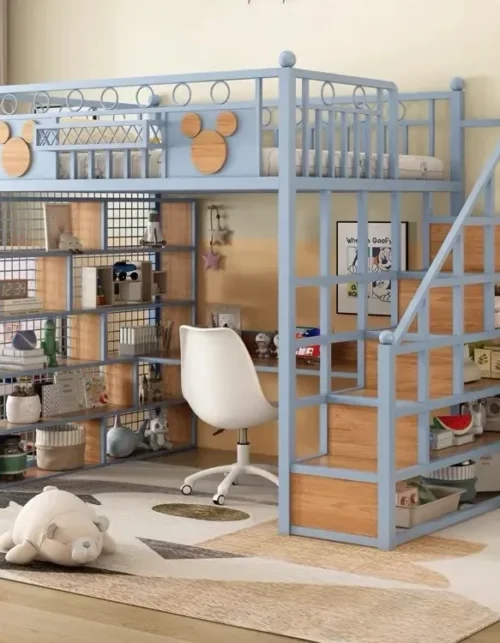 Wrought iron elevated bed sheet upper layer children's loft bed duplex second floor bed with ladder fence under table