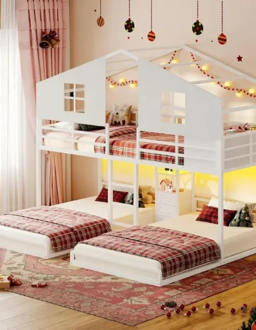 White Metal Triple Bunk Bed with Twin Size, House Design, 4 Drawers, Charging Station, LED Lights, Safety Guardrail, Play Curtai