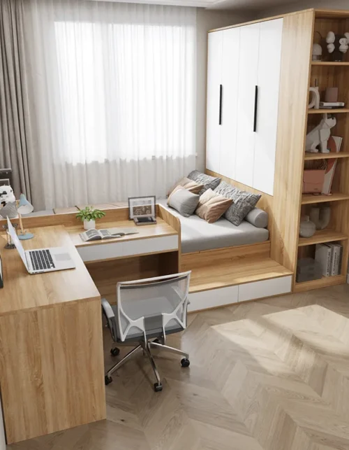 Small apartment high box tatami with desk bed wardrobe integrated bed combination board small room multi-function single bed