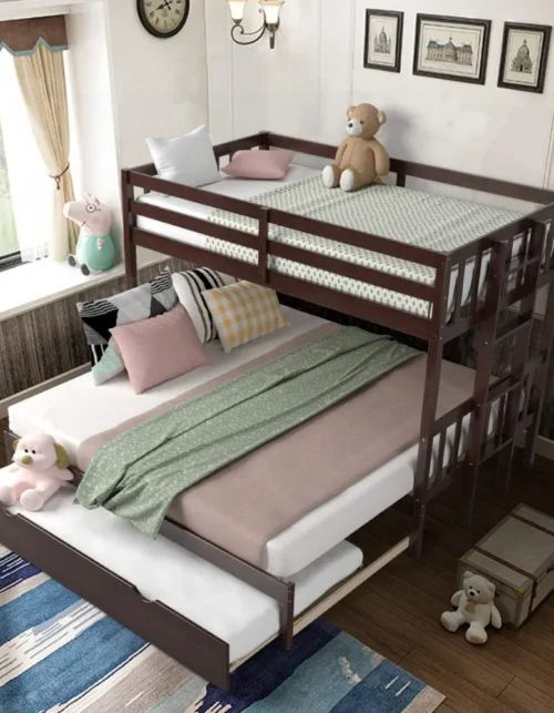 Twin Bunk Bed With Trundle, Extendable To Full Queen King Size, Solid Wood With Ladder And Guardrail