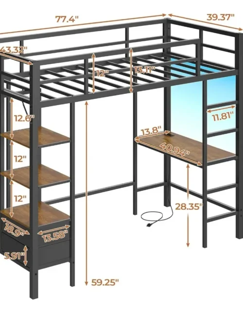 Commercial High Quality Metal Loft Bed Frame with Desk &Charging Station，Led Lights,  Clothes Rail, Safety Guard & Ladder, Bed