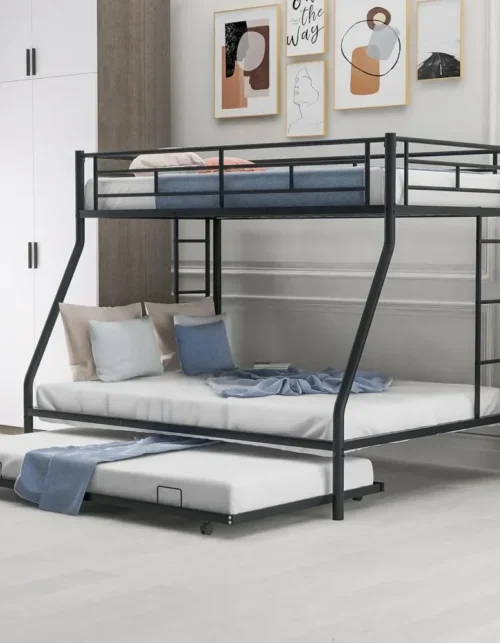 Twin over Full Bunk Bed with Trundle,Triple Bunk Beds with 2 Ladders&Full-Length Guardrail,No Box Spring Needed,Noise
