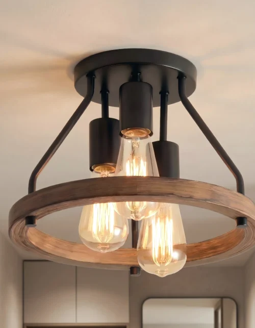Black Round Hallway Entry Ceiling Light, Industrial Retro Dimmable Flush Mount Ceiling Light Fixture - bathroom/bedroom/wardrobe