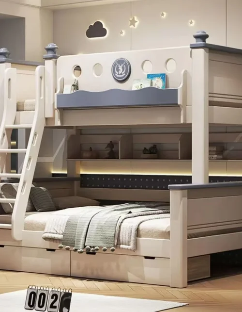 #@Solid Wooden Loft Bed Modern Wooden Bunk Bed for Girls Kids Room Furniture Adult Bunk Bed Slide and Drawers for Boys