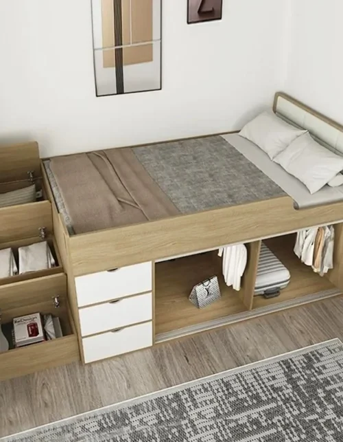modern children's half-height bed single multi-functional storage solid wood storage bed small apartment wardrobe integrated