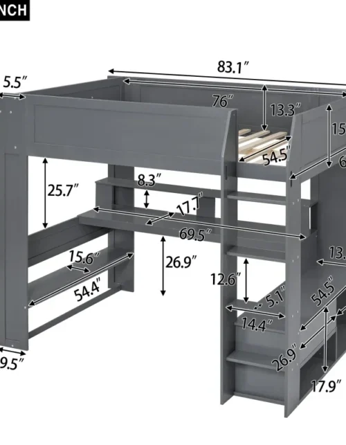 Wood Full Size Gaming Loft Bed with Desk, Multi-storage Shelves, LED and Charging Station, Dark Gray