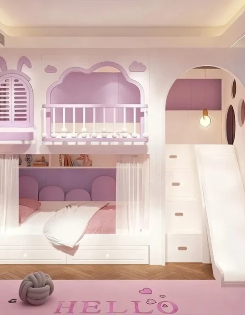 Pink Princess Children's Bunk Bed with Slide & Storage Drawers - Modern Double Deck Bed for Girls Bedroom Bed for Girls Berços