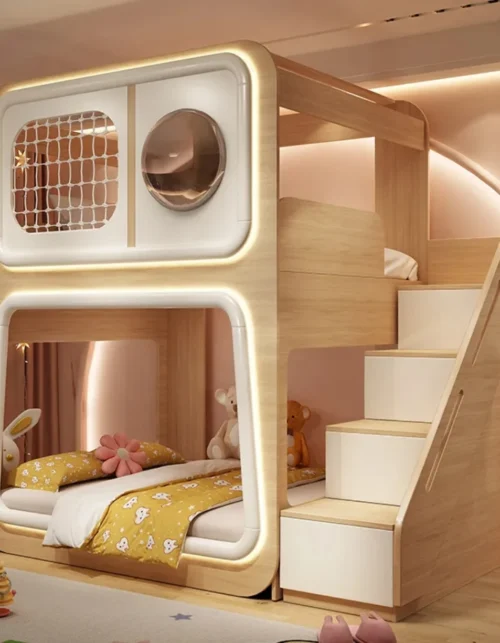 Creative Space Capsule Guardrail Bunk Bed High Low Sister Beds for Small Apartments Wood Material for School Use or Bedroom