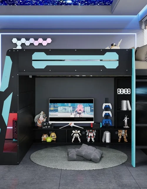 for Kids Teens Adults Bedroo,Modern Full Size Wood Gaming Loft Bed with Desk and Charging Station, Multi-Storage Shelves and LED