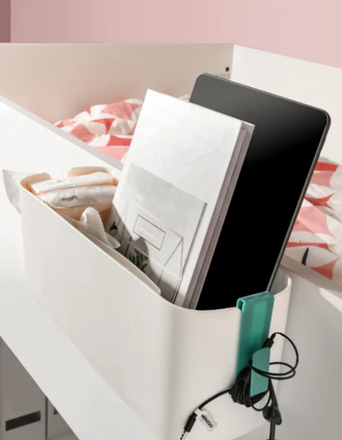 Organizer Box Magazine Holder with Double Hook Shelves Bed Hanging Bag Bedside Storage Caddy for Bunk Beds Desk Book Phone Kids