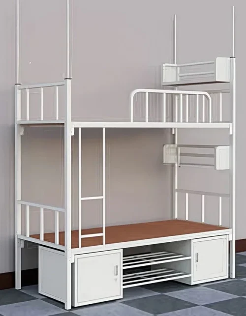 Modern Metal Bunk Bed with Integrated Storage Cabinets and Shelves, Heavy Duty Space-Saving Dormitory Bed,  School Furniture