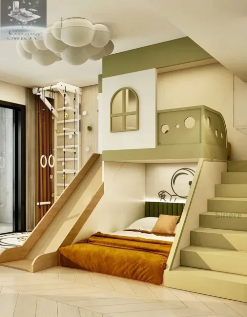 Small Apartment Children's Room Custom Duplex 2nd Floor Loft with Slide Climbing Wall Staggered Bunk Beds