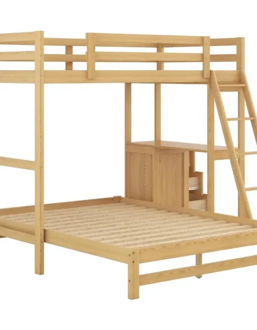 A  Twin Over Full Bunk Bed with Desk and Storage Drawers Wood Convertible Loft Beds Can Be Separated into 2 Kids Bunked Frame