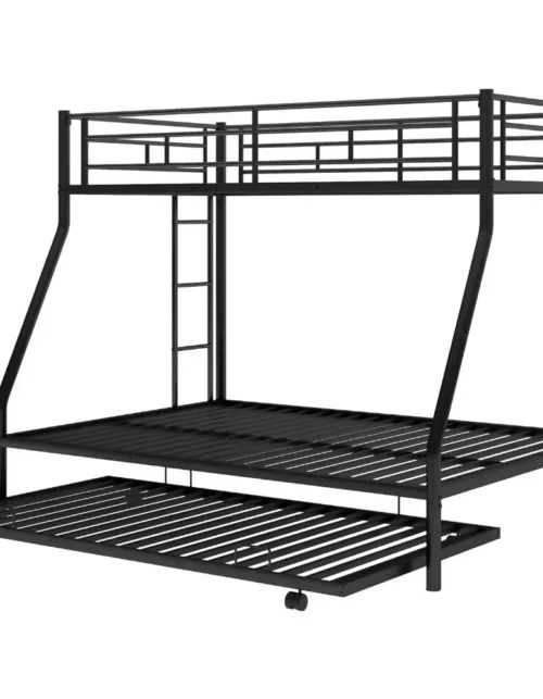 %A Twin over Full Bunk Bed with Trundle,Triple Bunk Beds with 2 Ladders&Full-Length Guardrail,No Box Spring Needed,Noise Free,B