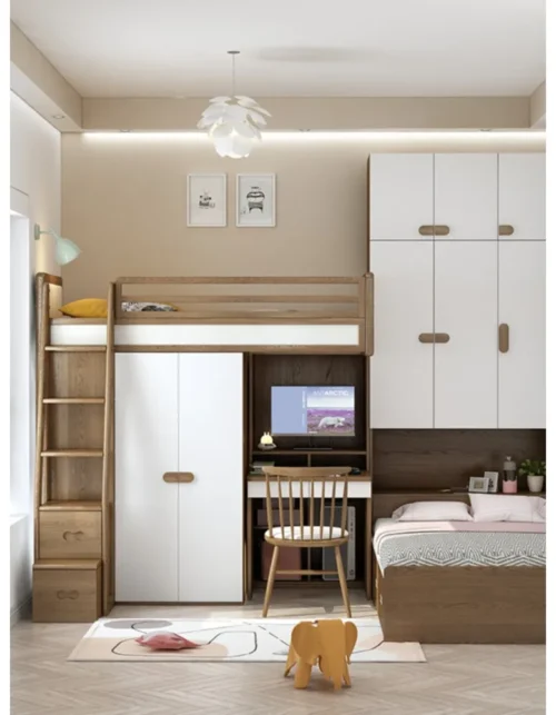 Solid Wood Staggered Twin Bunk Bed, Ash Wood Kids Bed with Desk & Wardrobe Space Saving Children's Bedroom Furniture Set