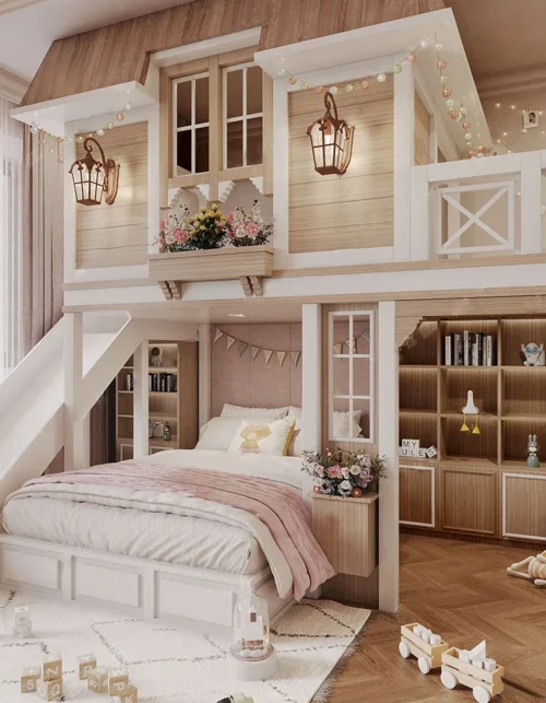 Villa cama de princesa Castillo de ensueño niña litera loft dúplex escalonado cama deslizante