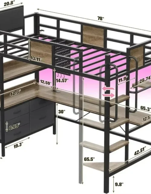 Twin Loft Bed with Desk, LED Lights, Charging Station, 5 Drawers, 2 Pegboards, Safety Guard Ladder, Bunk Bed Design