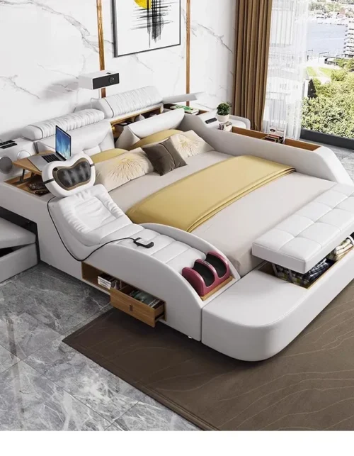 Cama de masaje moderna y sencilla de cuero, cama tatami multifuncional con almacenamiento para dormitorio, cama doble grande para apartamento, cama con proyector, comercio exterior