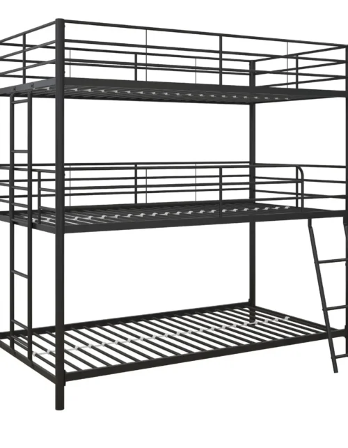 l # Twin Over Metal Bunk Bed Triple Bunk Bed with 2 Ladders and Guard Rail Divided into 3 Separate beds Black