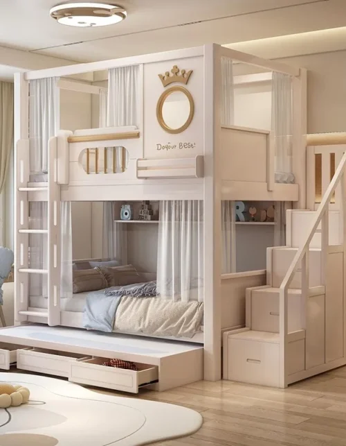 Custom  Colorful Double-decker Bunk Bed Wooden Double Bed Solid Wood Bunk Kids Bed With Stairs Ladders for Adult Children
