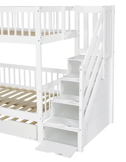 Solid wood bunk bed with stairs and guardrail Modern design space-saving children's bed Children's triple bed