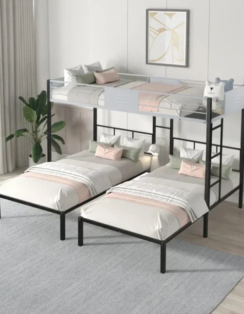 Triple Bunk Bed with Vent Board, Sturdy Metal Frame, Noise-Free Wood Slats, Separatable into three beds, No Box Spring Needed