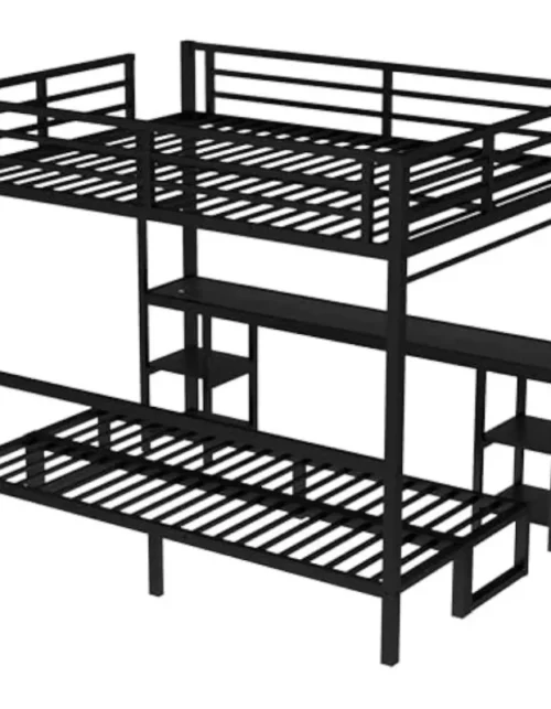 Futon bunk Bed Twin XL Over Queen, Queen loft Bed with futon and Desk and Shelves, loft Bed with Des Kand LED and USB,