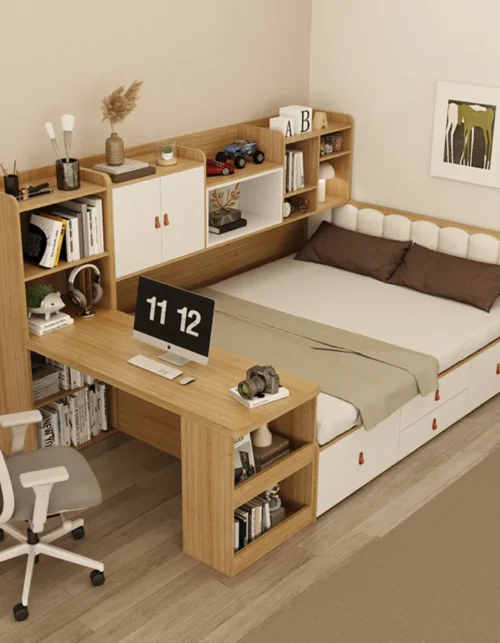 Space Saving Tatami Bed with Study Desk Modern Low Bed with Bookshelf and Storage Multifunctional Single Frame for Kids Room