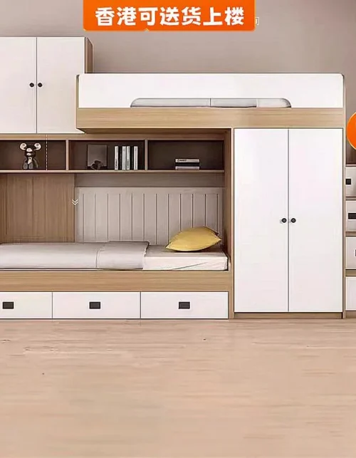 Hong Kong solid wood bed bunk bed children's   mother   high   double   with wardrobe desk multi-function bed