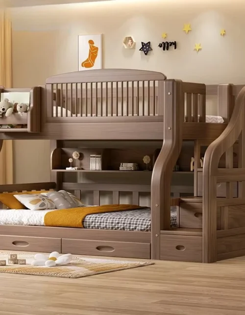 Minimalist Solid Wood Bunk Bed for Children & Adults Double-Decker Loft Mother-Child Bed with Multifunctional Design