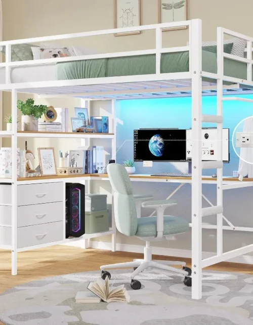 Full Size Loft Bed with L-Shaped Desk, LED Lights and Charging Station Full Metal Loft Bed Frame with 3 Storage Shelves